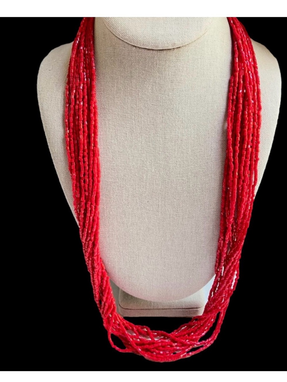Bright red glass beaded multistrand torsade necklace with short bugle tube beads